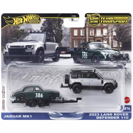 Hot Wheels premium 2023 Land Rover Defender 110 + Jaguar MK1 racer - Team Transport